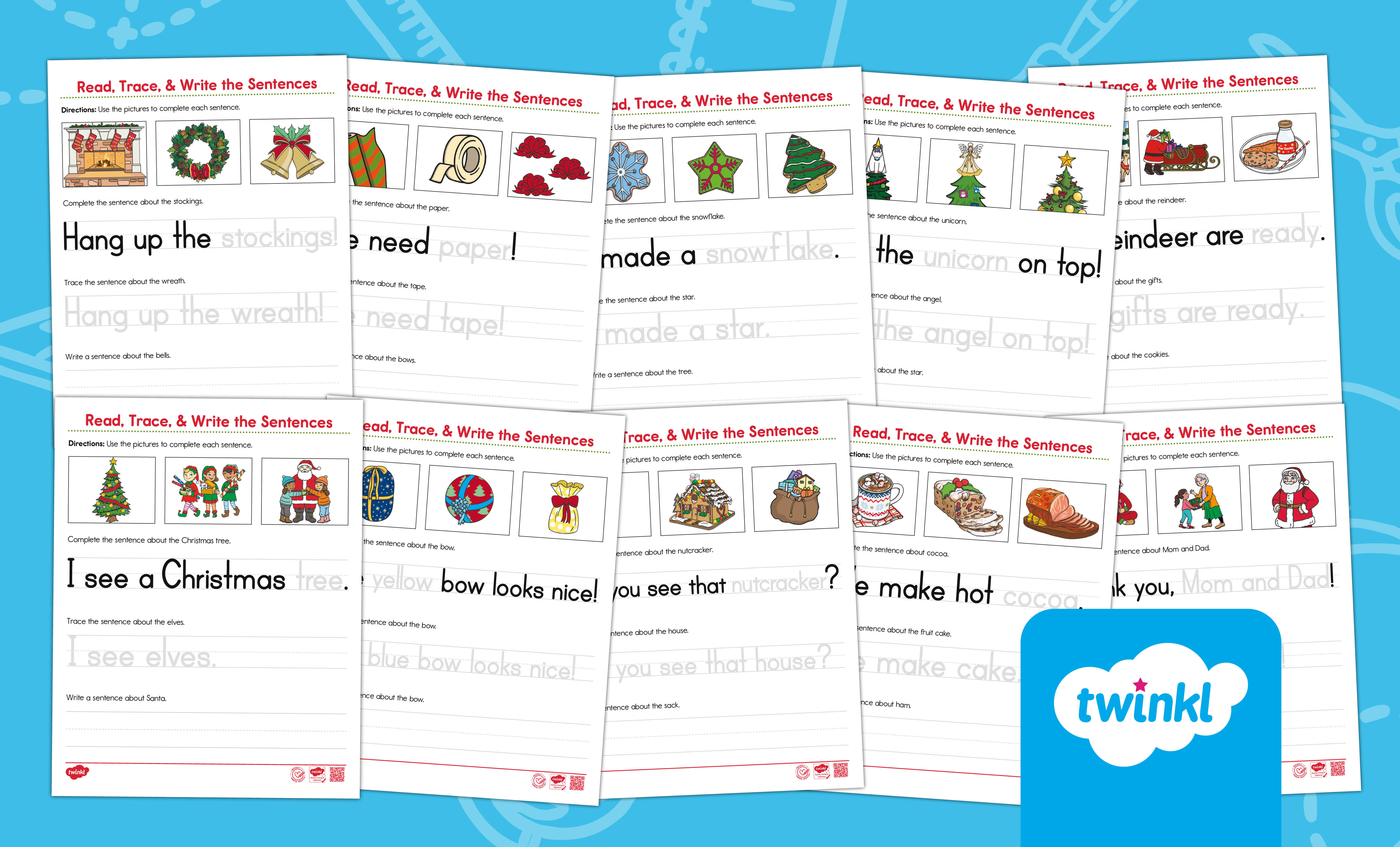 Read, Trace, and Write Christmas Sentences Worksheets for K-1st Grade