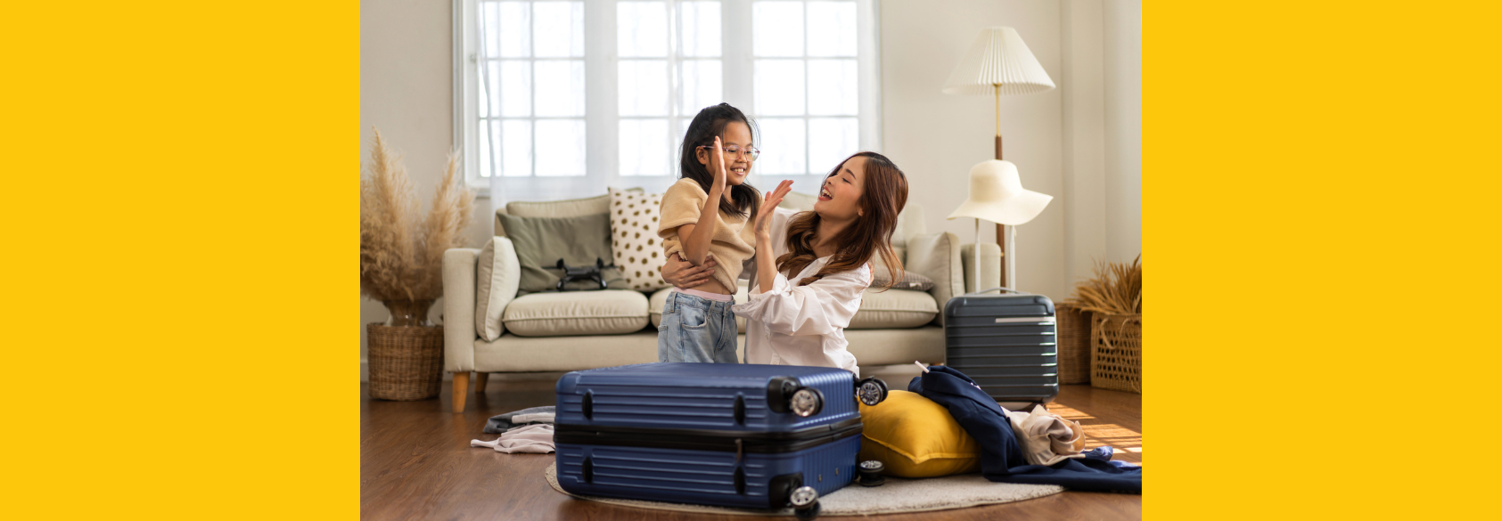 Portrait of happy love asian family mother with little asian girl traveler packing stuff and outfit clothes in suitcases travel bag luggage for summer holiday weekend tourist vacation trip at home.travel concept stock photo